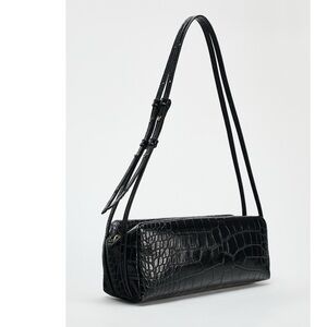 ZARA BLACK SHOULDER BAG 6241/410 CYLINDRICAL 90s HANDBAG PURSE CROC FAUX LEATHER